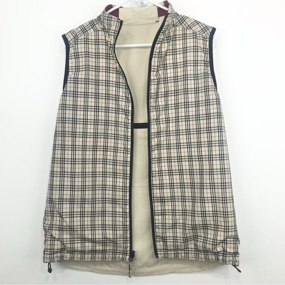 Spanner Sport Tan Checked Plaid Reversible Nylon water Resistant Zip Up Vest - Picture 4 of 16